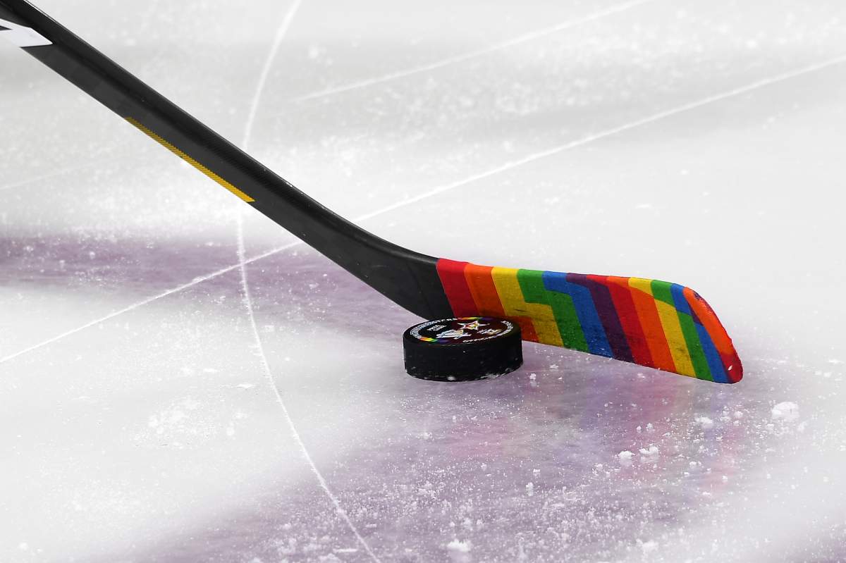 A detailed view or a stick with Pride tape in honor of Pride Night prior to the game between the Dallas Stars and the Pittsburgh Penguins at PPG PAINTS Arena on December 12, 2022 in Pittsburgh, Pennsylvania.