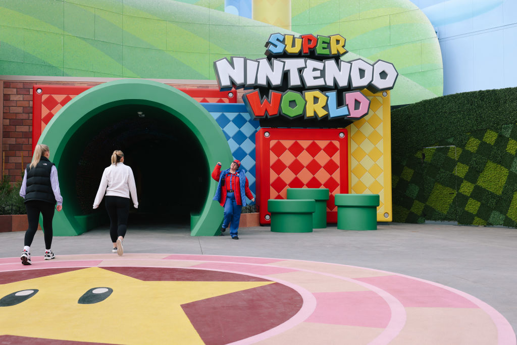 People enter Super Nintendo World for the tech rehearsals on Thursday, Jan. 12, 2023 in Los Angeles, CA.