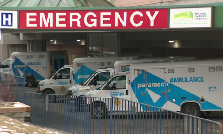 Ambulances wait outside a Toronto hospital.