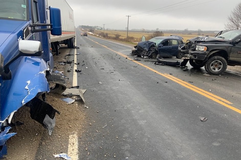 On Thursday, Jan. 12, at 12:53 p.m., emergency responders were called to Huron Road for a report of a three-vehicle collision involving a car, a pick-up truck and a transport truck.