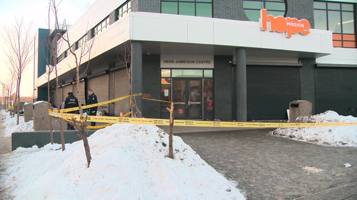 Edmonton police investigating after a man was critically injured outside the Hope Mission's Herb Jamieson Centre men's homeless shelter at 100 Street and 105A Avenue in central Edmonton on Monday, Jan. 2, 2023.