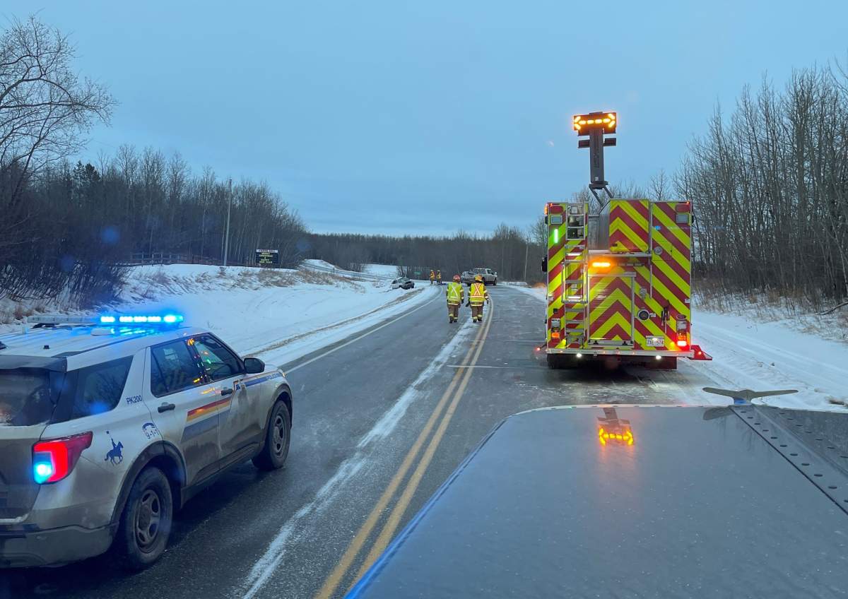 A collision on Highway 770 at Township Road 525A, west of Stony Plain in the Carvel area of Parkland County, on Friday, Jan. 27, 2023.