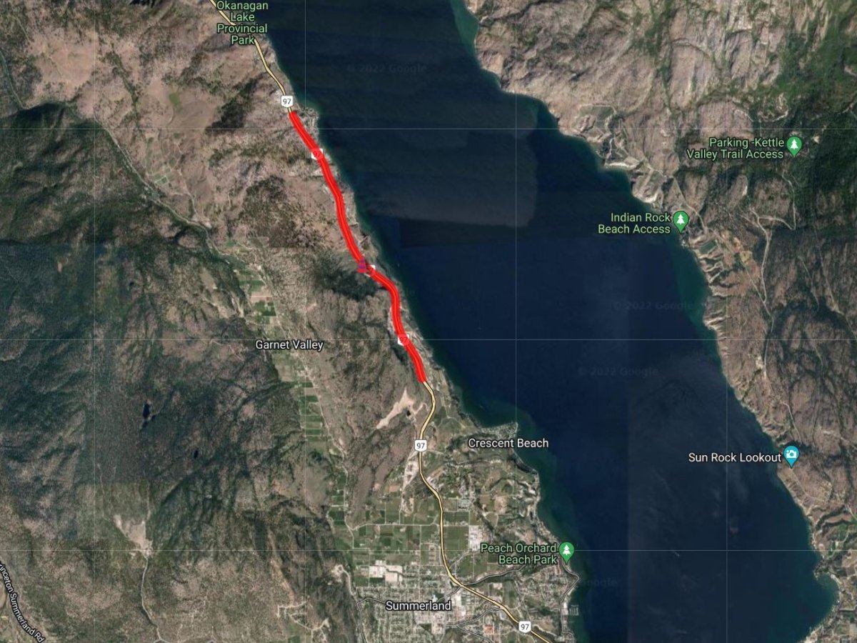 A map showing the section of Highway 97 north of Summerland, B.C., that will be temporarily closed on Friday afternoon.