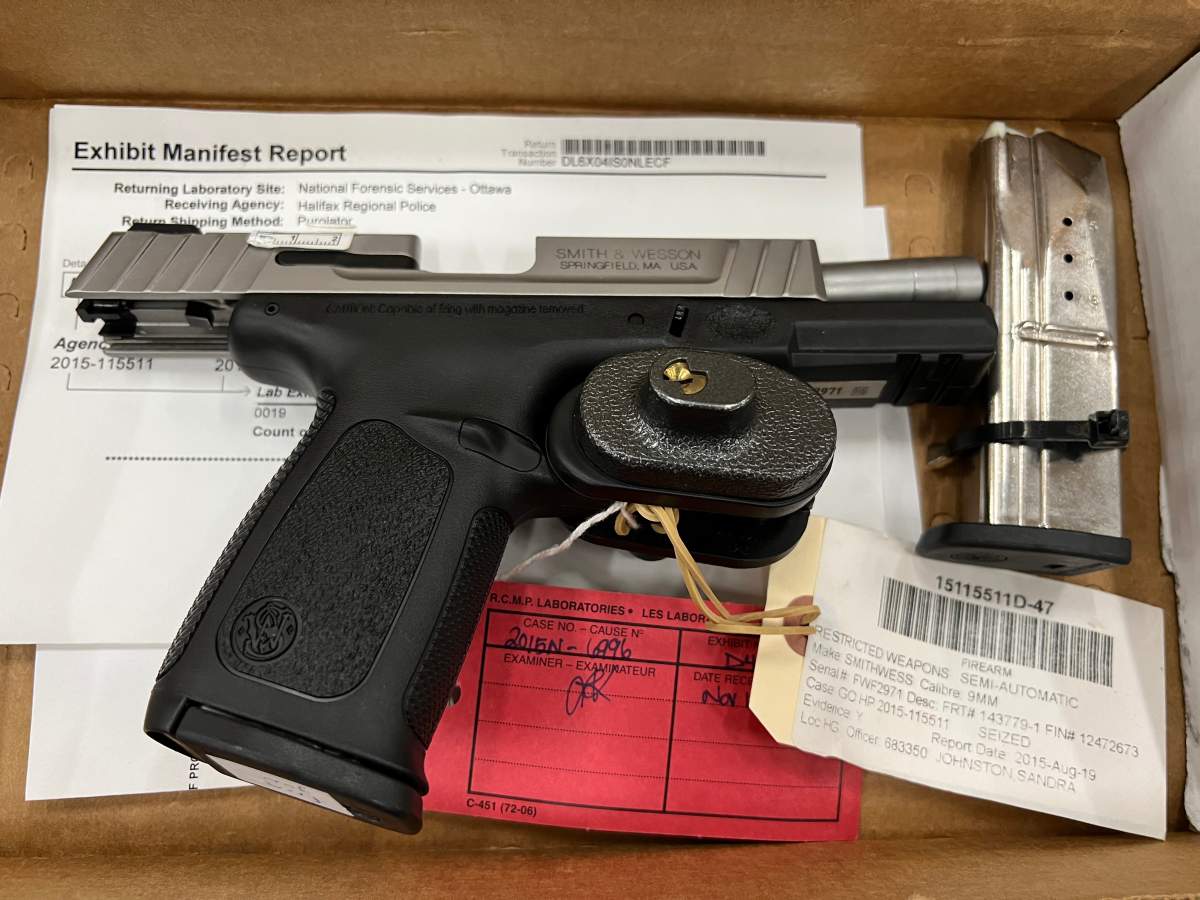A 9mm Smith & Wesson pistol belonging to William Sandeson had Taylor Samson’s blood on it, the murder trial has heard.