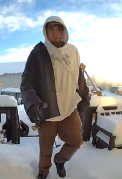 Surveillance video image of a suspect in the robbery of Bradley Gulka's home near Redwater in Sturgeon County, Alta. on Jan. 1, 2023.