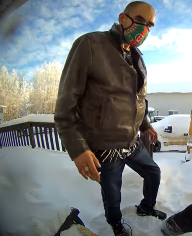 Surveillance video image of a suspect in the robbery of Bradley Gulka's home near Redwater in Sturgeon County, Alta. on Jan. 1, 2023.