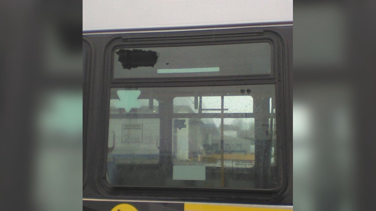 A picture of the damaged bus window from Saturday in Vancouver.