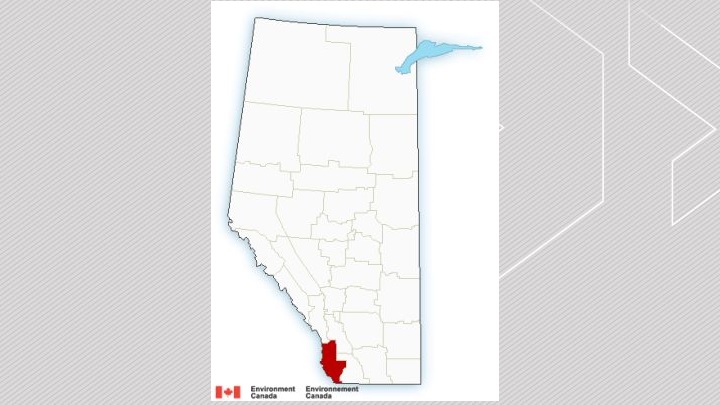 A map of Alberta with areas in red indicating where a snowfall warning was in effect on Jan. 27, 2023.