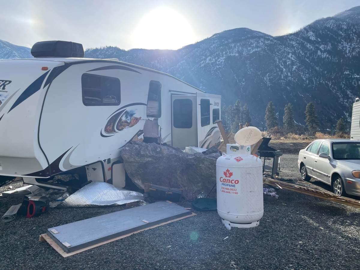 A large boulder crashed into a trailer at Eagle RV Park. The trailer was one of two structures damaged in a rockslide last week.