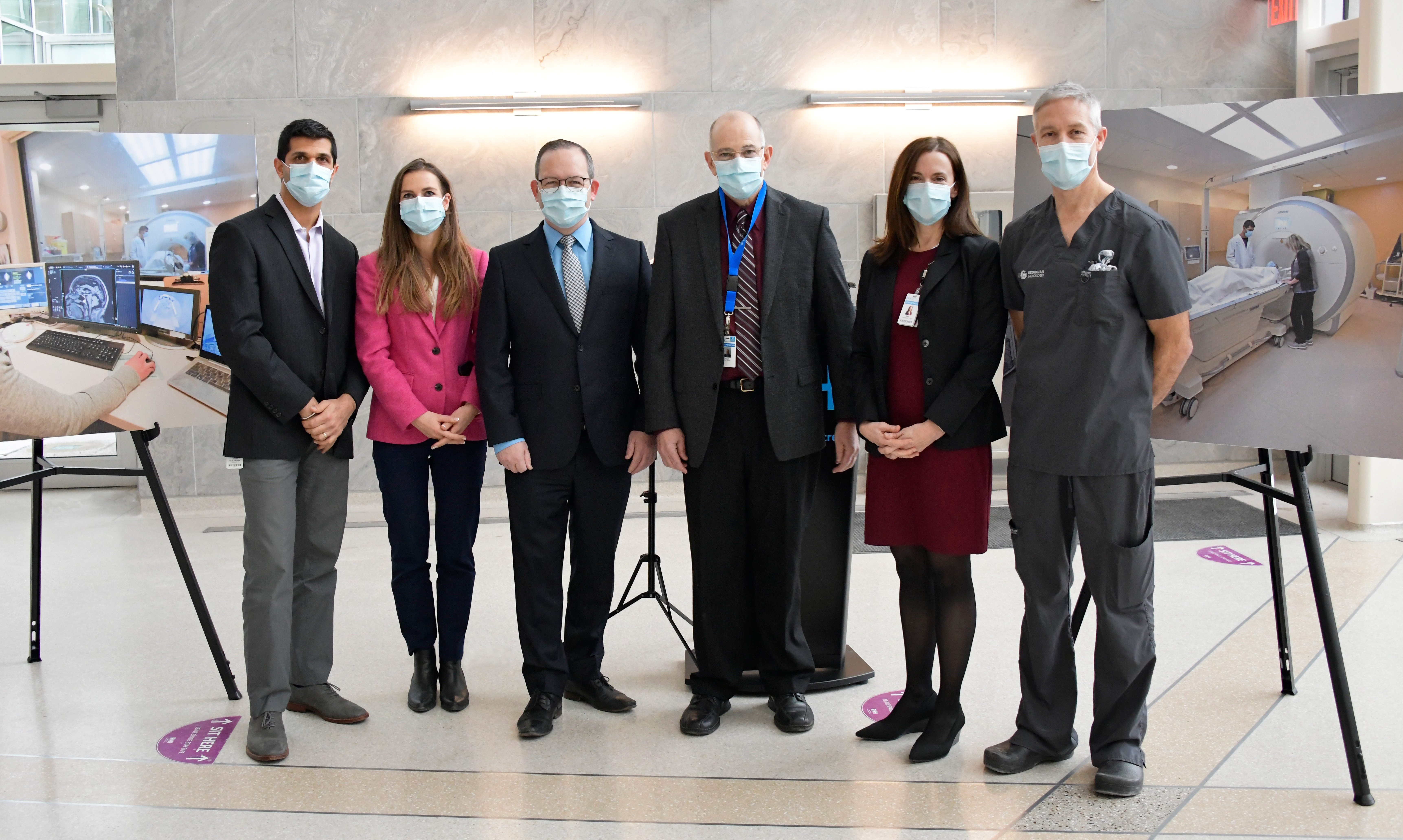 The Ontario government announced an additional $800,000 in annual operational funding, enabling Royal Victoria Regional Health Centre (RVH) to run a third, much-needed MRI. (Pictured left to right) Dr. Raj Grover, Medical Director, Medical Imaging; Andrea Khanjin, Barrie—Innisfil MPP; Doug Downey, MPP for Barrie—Springwater—Oro-Medonte; Doug Frost, RVH Board Chair, Gail Hunt, RVH president and Chief Executive Officer and Dr. Drew Schemmer, RVH Chief of Medical Imaging