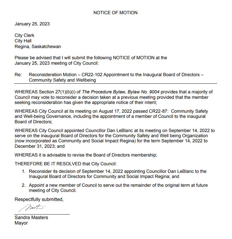 Reconsider motion prepared by Mayor Masters.