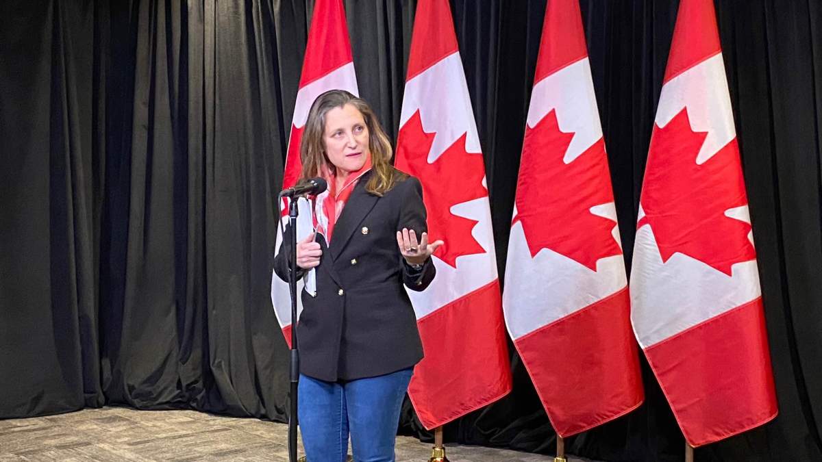 Deputy PM and finance minister Chrystia Freeland speaks during a Q and A in Hamilton, Ont. Jan. 24, 2023.
