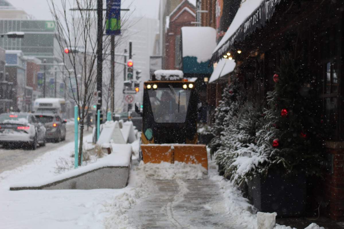A small snowplow clears the sidewalk on Spring Garden Road.
