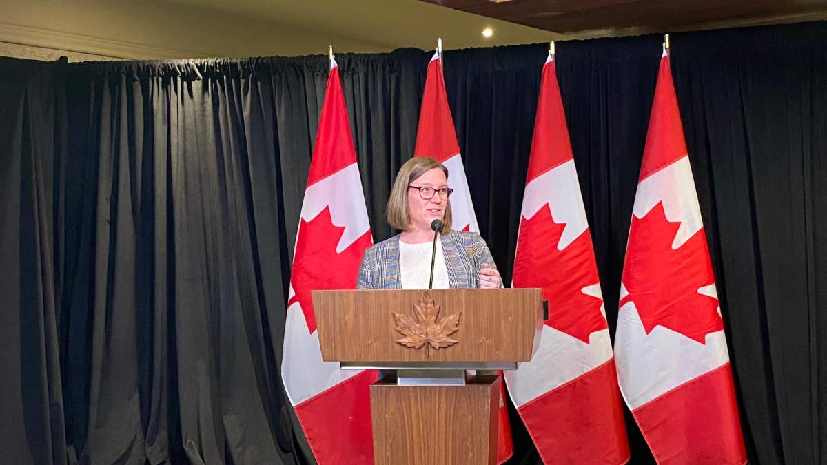 Social Development minister and Burlington, Ont. MP Karina Gould speaks to reporters in Hamilton Ont. Jan. 24, 2023