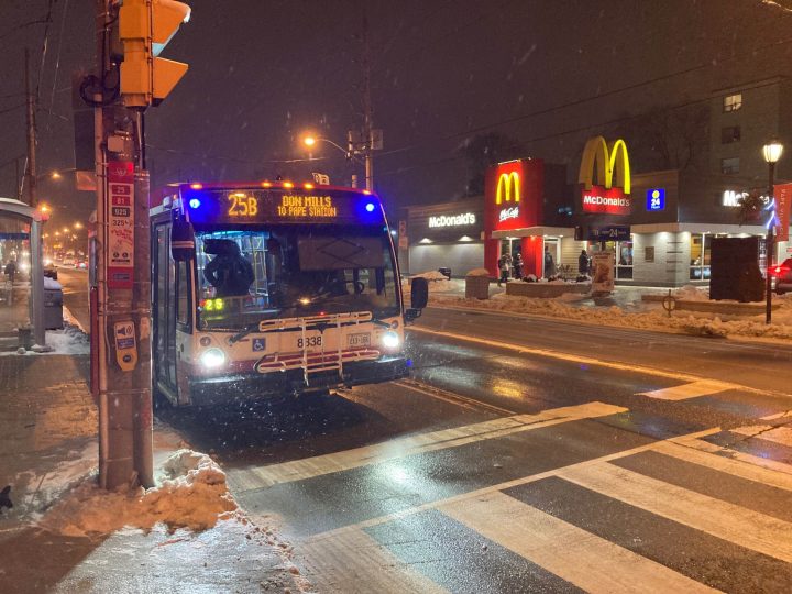 A Toronto Transit Commission bus near Pape Subway Station on Jan. 28, 2023.