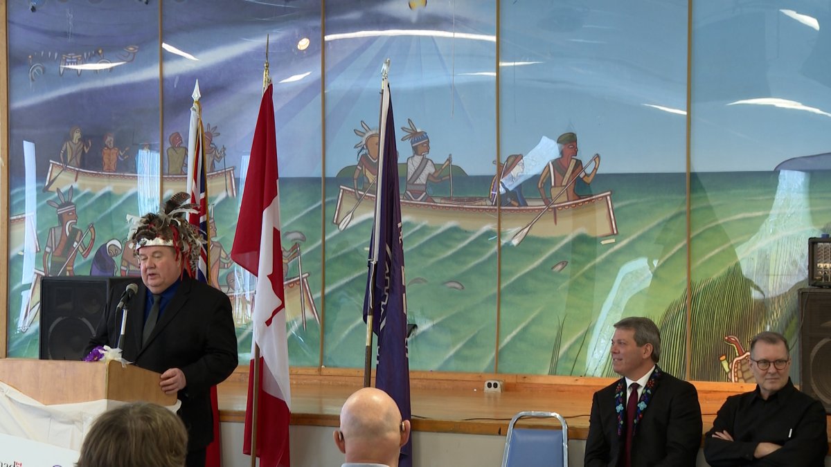 Mohawks of the Bay of Quinte chief, R. Don Maracle speaks during a federal funding announcement.