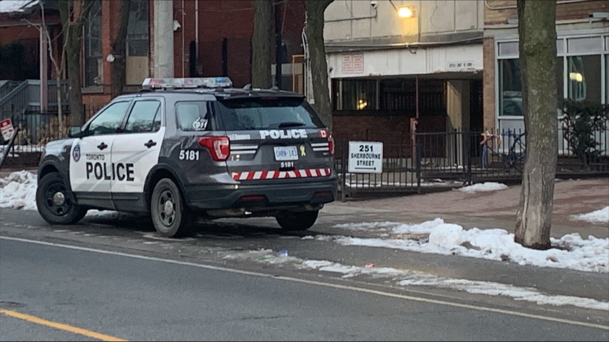 Police cruiser near Dundas and Sherbourne streets on Jan. 29, 2023.