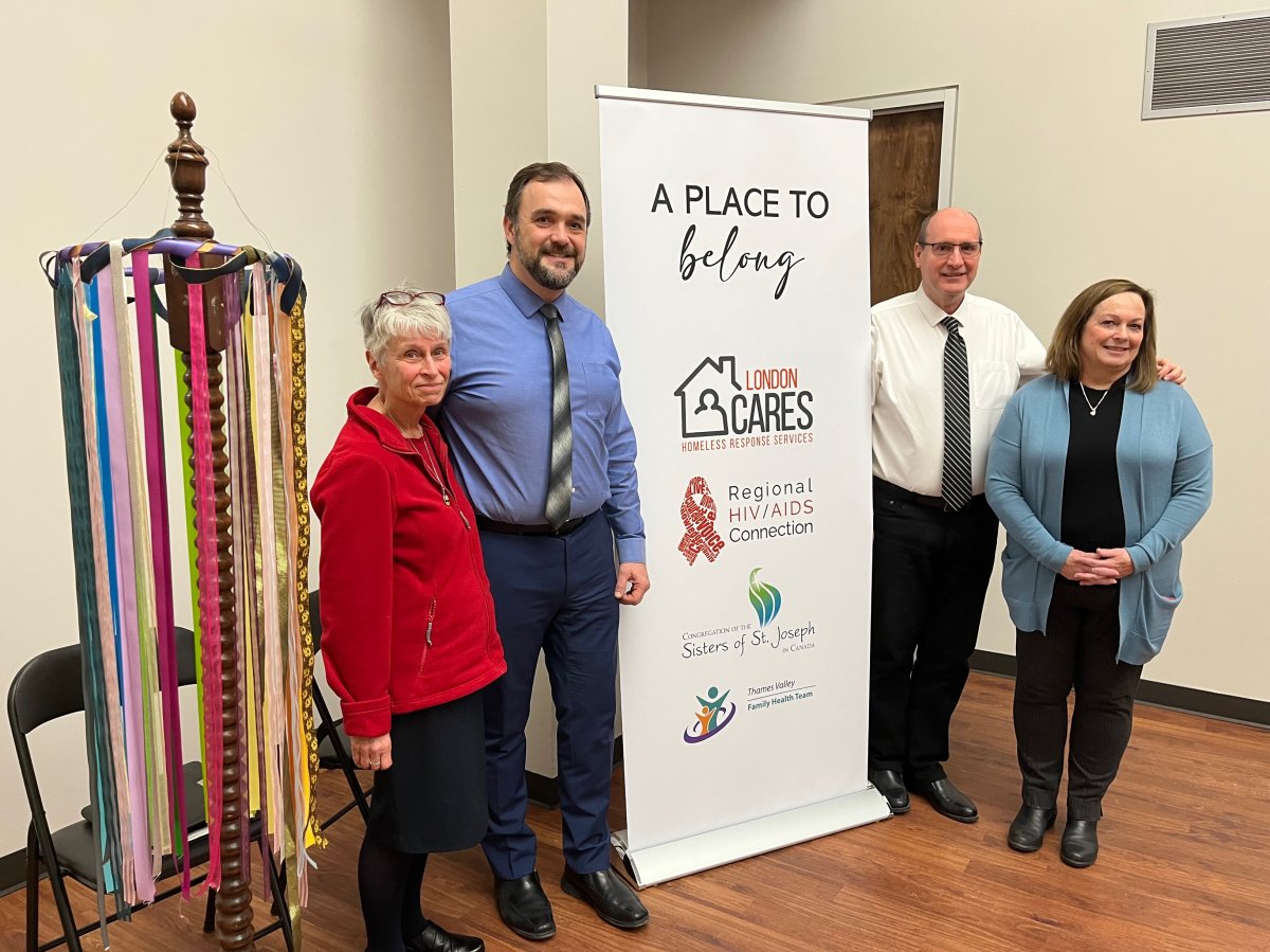 From left to right: Sister Margo Ritchie, a congregational leader with the Congregation of the Sisters of St. Joseph, Thames Valley Family Health Team executive director Mike McMahon, Regional HIV/AIDS Connection executive director Brian Lester and London Cares executive director Anne Armstrong.