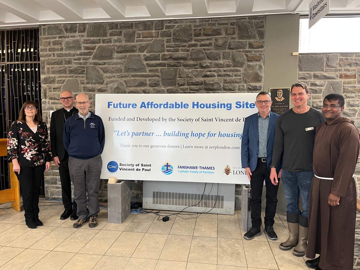 From left to right: London-Fanshawe MPP Teresa Armstrong, Most Rev. Joseph Dabrowski, London Particular Council president John Ketelaars, Deputy Mayor Shawn Lewis, Ward 3 Coun. Peter Cuddy and Fanshawe-Thames Catholic Family of Parishes pastor Br. Doss Velanganni.