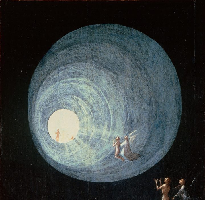 The painting Ascent of the Blessed by Hieronymus Bosch. People who have near-death experiences commonly say they are taken through a tunnel and see a bright light. 
