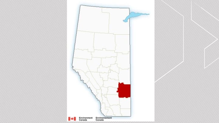 A map of Alberta with areas in red indicating where a wind warning was in place on Jan. 26, 2023.
