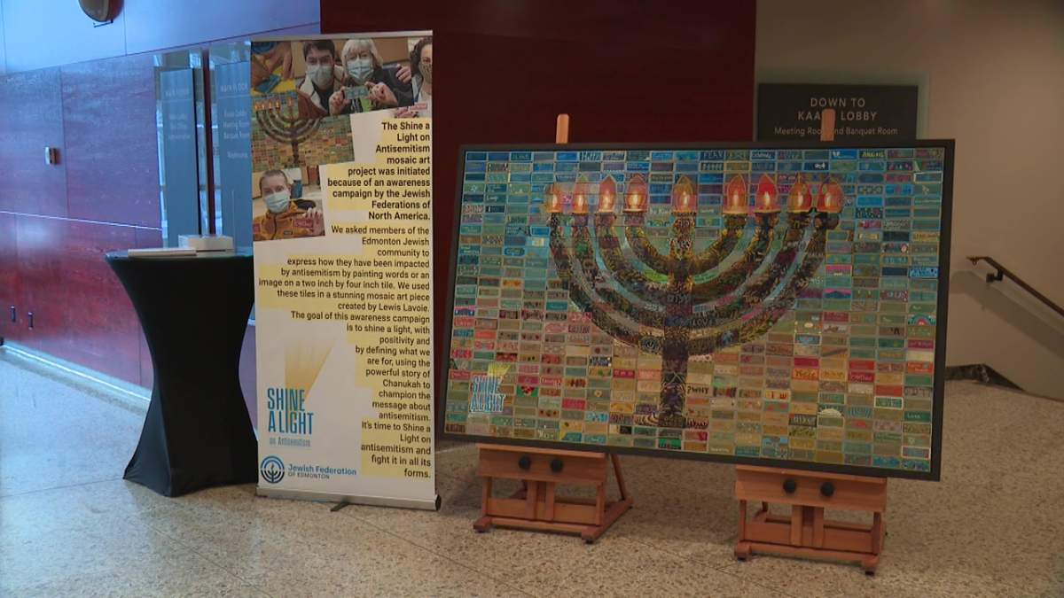 The "Shine A Light on Antisemitism" art piece on display for the run of Fiddler on the Roof at the Northern Alberta Jubilee Auditorium in Edmonton, Alta. on Wednesday, Jan. 4, 2023.