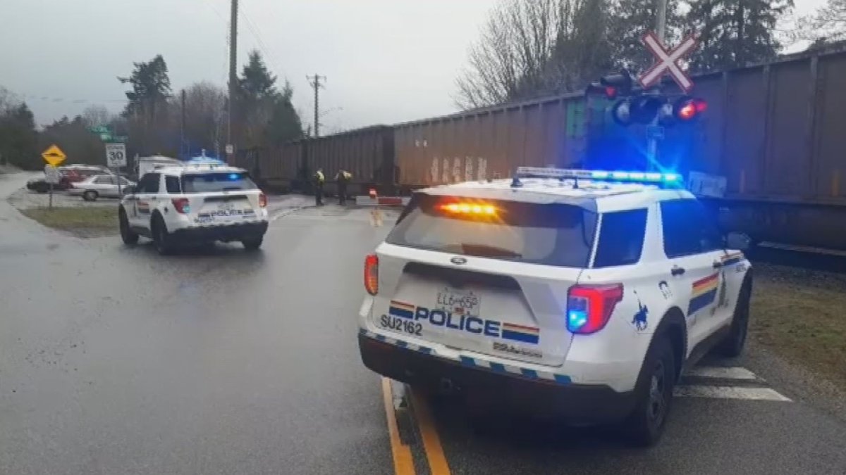 A train blocked emergency access for hours in Surrey, B.C., Saturday.