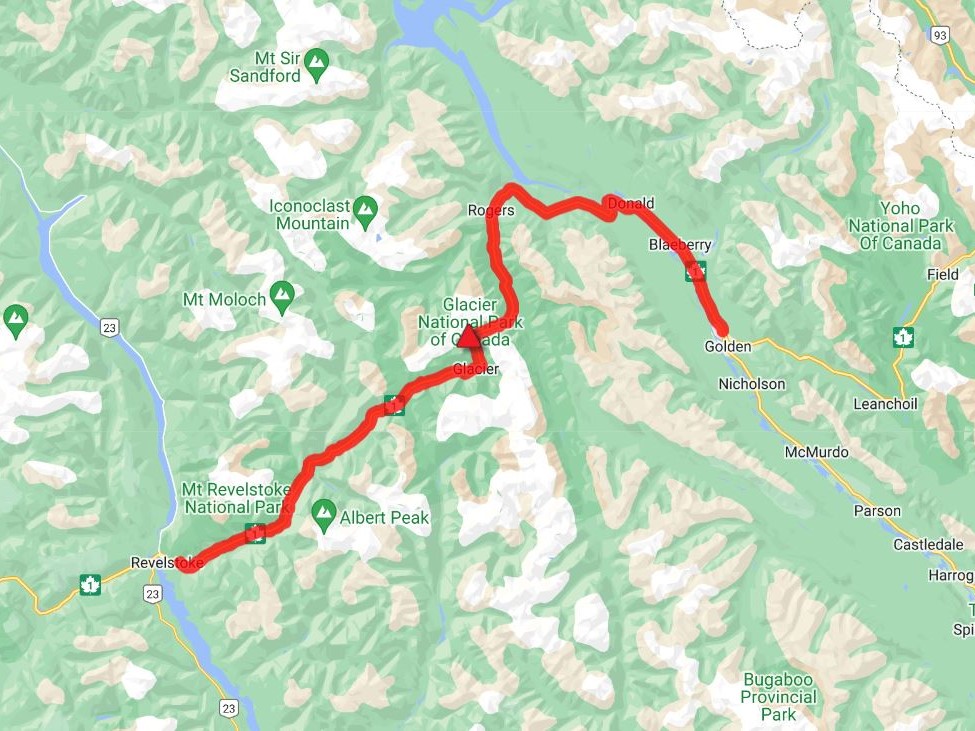 A map showing the highway closure in B.C. between Revelstoke and Golden for avalanche control work on Friday.