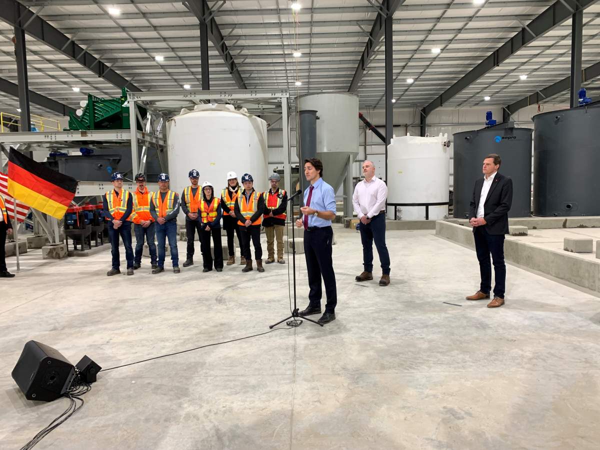 Prime Minister Justin Trudeau spoke at Vital Metals processing plant in Saskatoon on Monday.