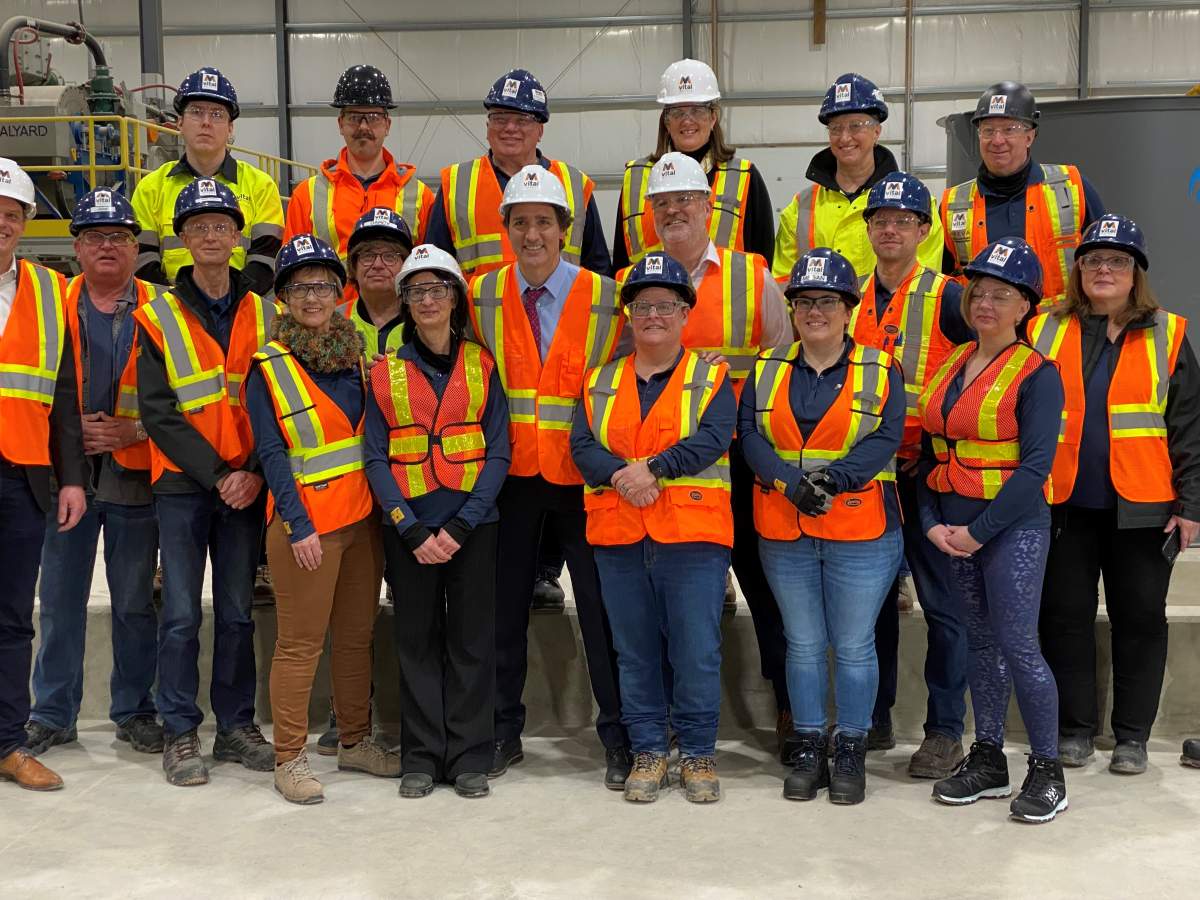 Prime Minister Justin Trudeau spoke at Vital Metals processing plant in Saskatoon on Monday.