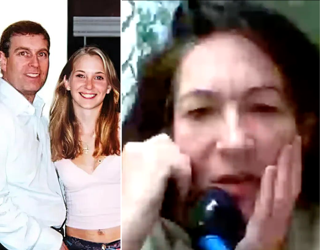 Composite image showing a 2001 photo of Prince Andrew and Virginia Giuffre on the right and a screenshot of Ghislaine Maxwell during a prison interview on the left.