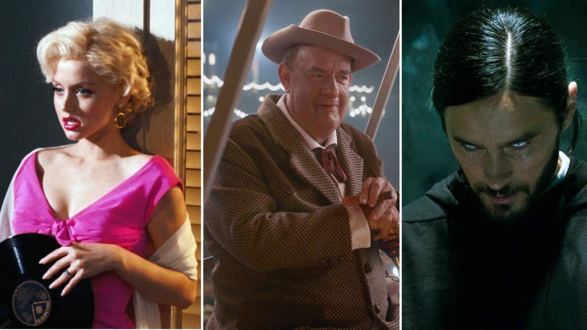 A three-framed split photo. On the left is Ana de Armas in 'Blonde.' Center is Tom Hanks in 'Elvis.' On the right is Jared Leto in 'Morbius.'