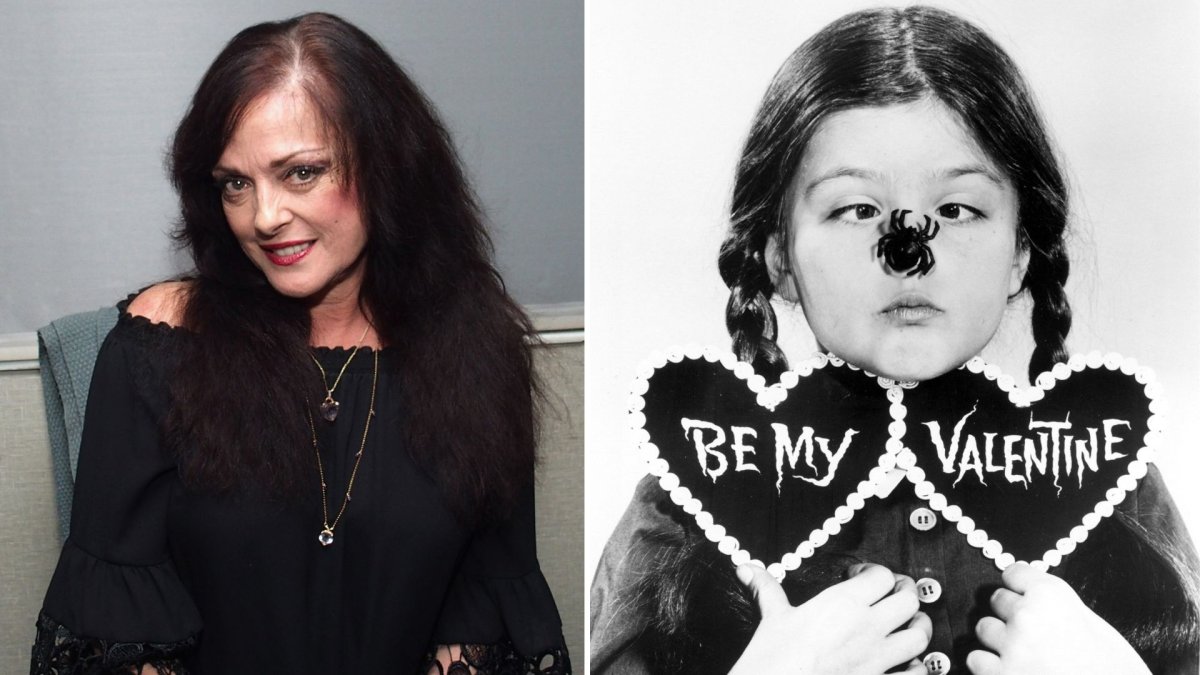 A split image. Left is Lisa Loring in 2019. Right is Loring as Wednesday Addams.