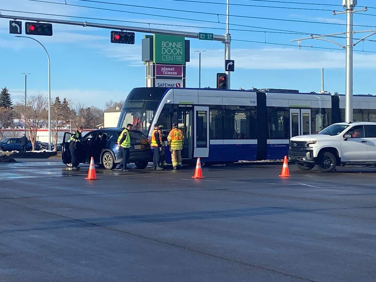 A Valley Line LRT train and a vehicle collided in south Edmonton on Saturday, Jan. 21, 2023.