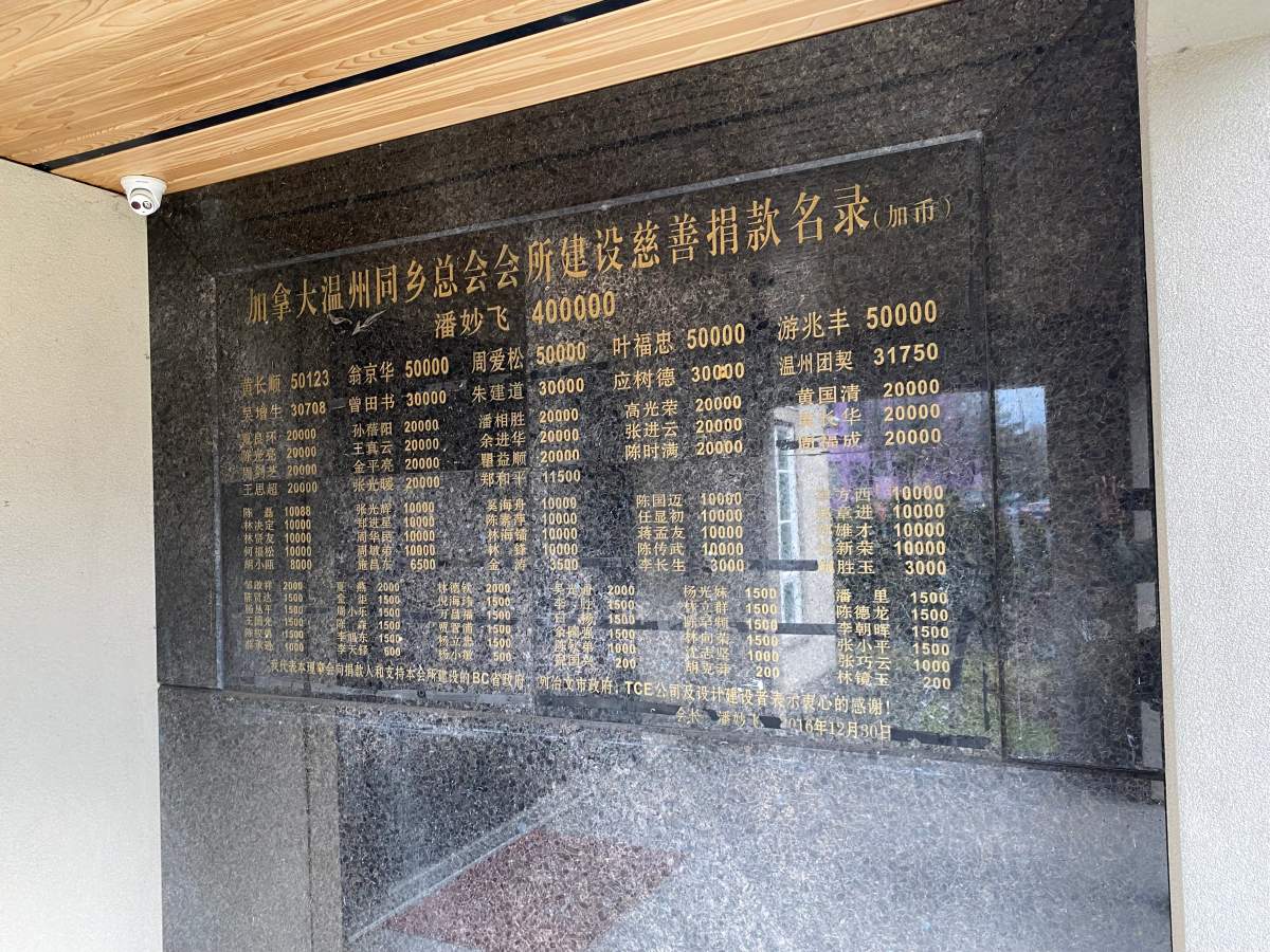 Plaque and CCTV camera at entrance to Wenzhou Friendship Society clubhouse, Richmond, B.C.