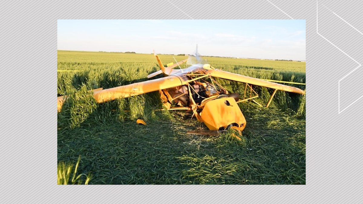 An ultralight plane is pictured following its crash near Didsbury, Alta., on July 13, 2022.