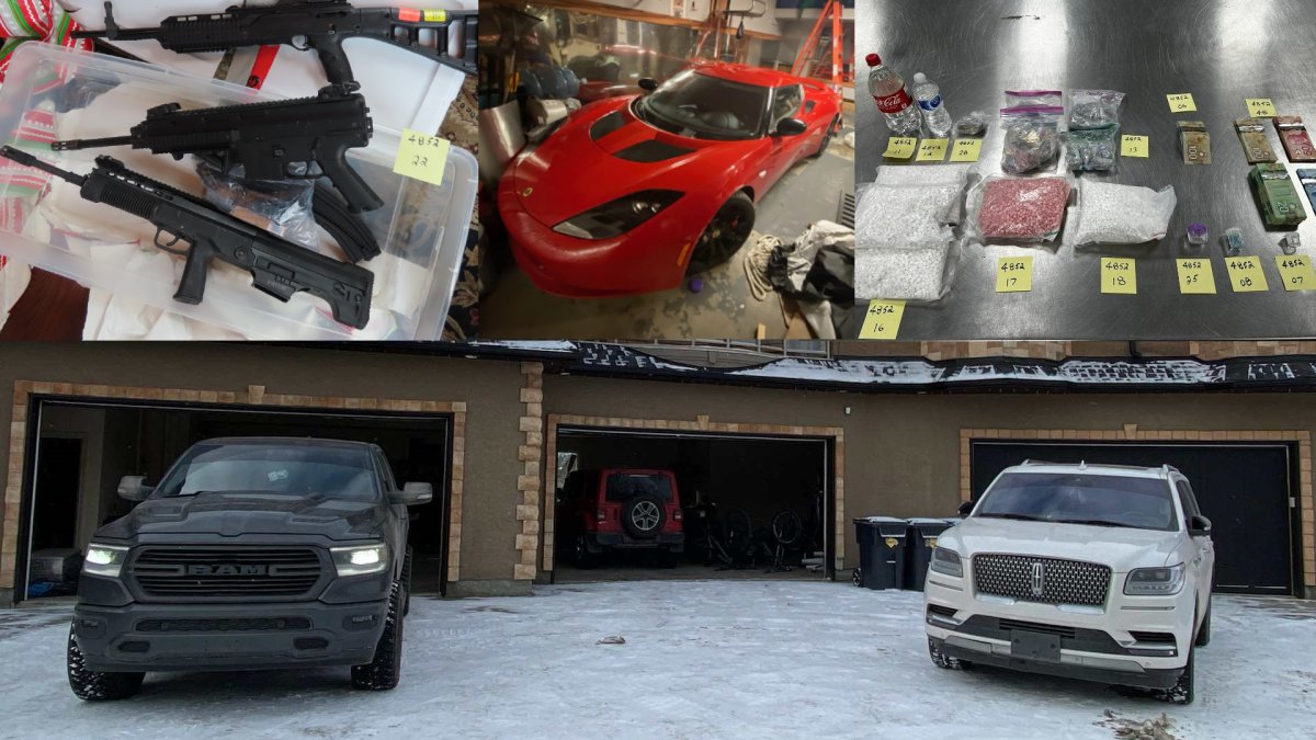 A collection of some of the guns, vehicles and drugs Calgary police found as part of a monthlong investigation into drug trafficking and vehicle cloning.