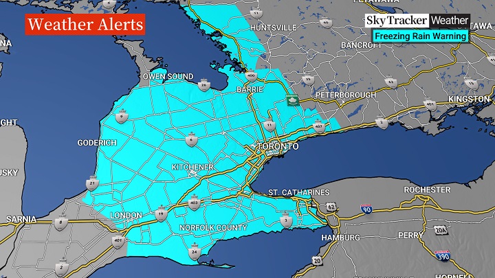 Weather warning issued with freezing rain expected in southern Ontario