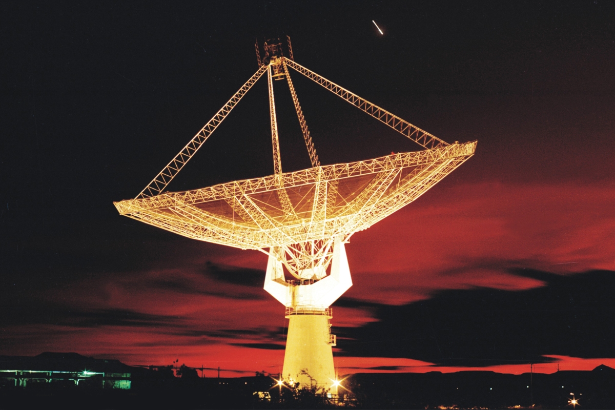 One of the dishes of the Giant Metrewave Radio Telescope (GMRT) near Pune, Maharashtra, India.