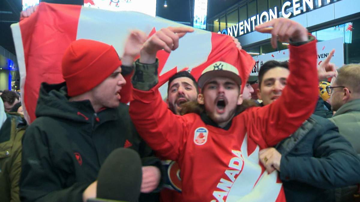 Fans in Halifax celebrate as Canada scores the winning goal at the world junior hockey championship.