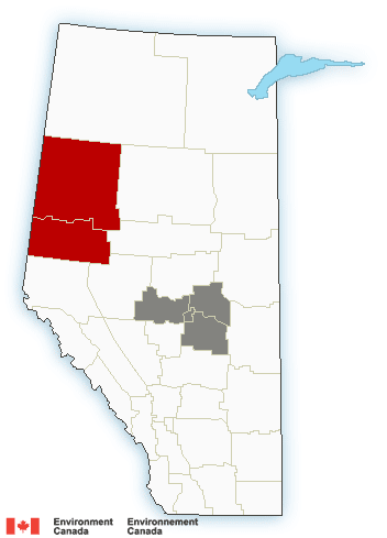 A map of Alberta with areas in red indicating where a freezing rain warning was in effect on Jan. 13, 2023.