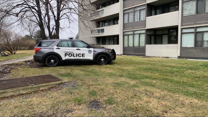 A police cruiser is seen outside of an apartment building in the area of Seneca Hill Drive and Finch Avenue East.