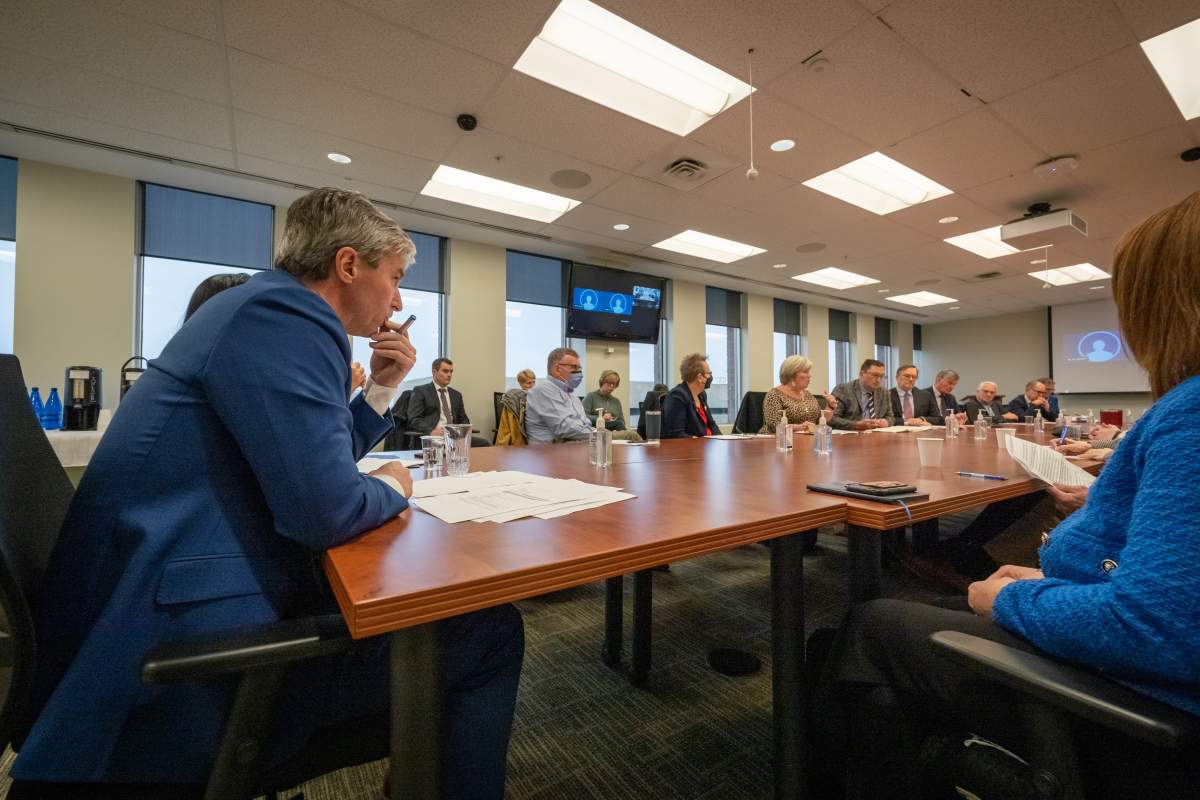 Nova Scotia Premier Tim Houston and Health Minister Michelle Thompson at a meeting of health-care sector leaders on Jan. 17, 2023.