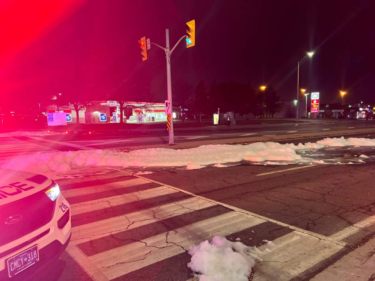 Police are investigating after foam was seen coming out of sewers at a Mississauga intersection.