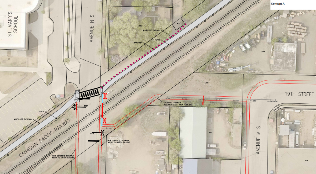 One of the two concept designs for a pedestrian crossing in Saskatoon.