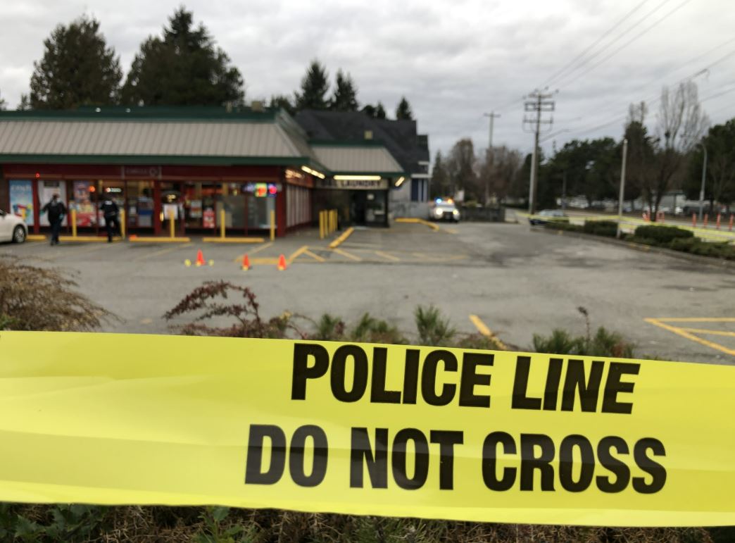 Police at the scene of a shooting in Surrey in January, 2023.