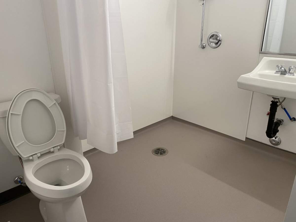 Part of a bathroom area within the Bridge Healing Transitional Accommodation Program offered by the Jasper Place Wellness Centre and AHS.