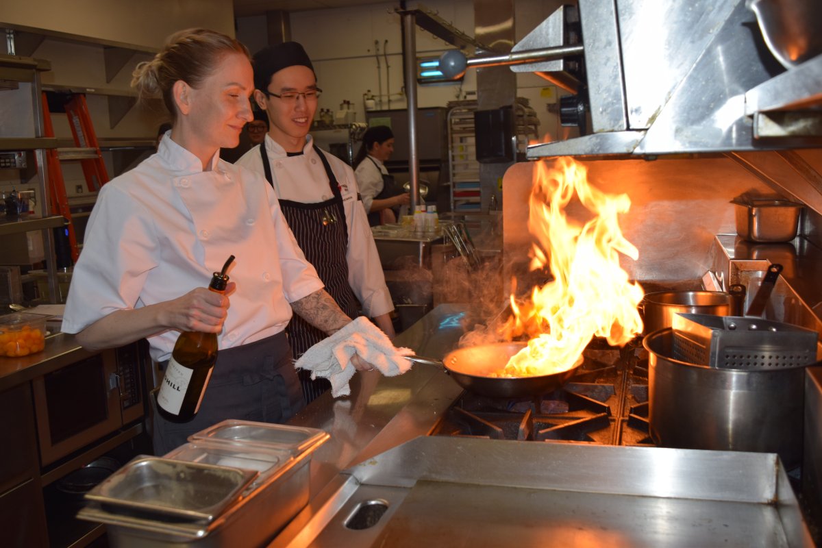 OC executive chef Ruth Wigman at Infusions Restaurant and in the kitchen with an OC student.