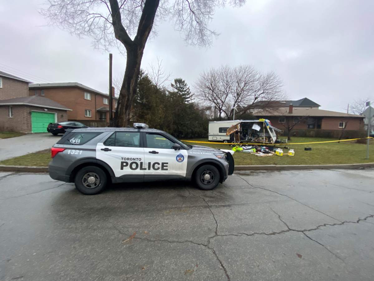 Police on scene after a trailer exploded in Toronto on Jan. 4, 2023.
