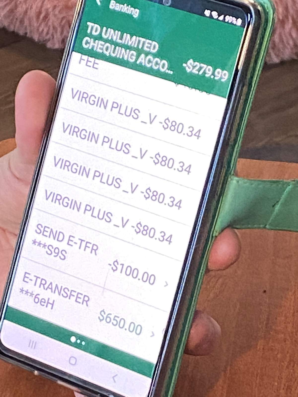 Screenshot of Virgin payments coming out of account